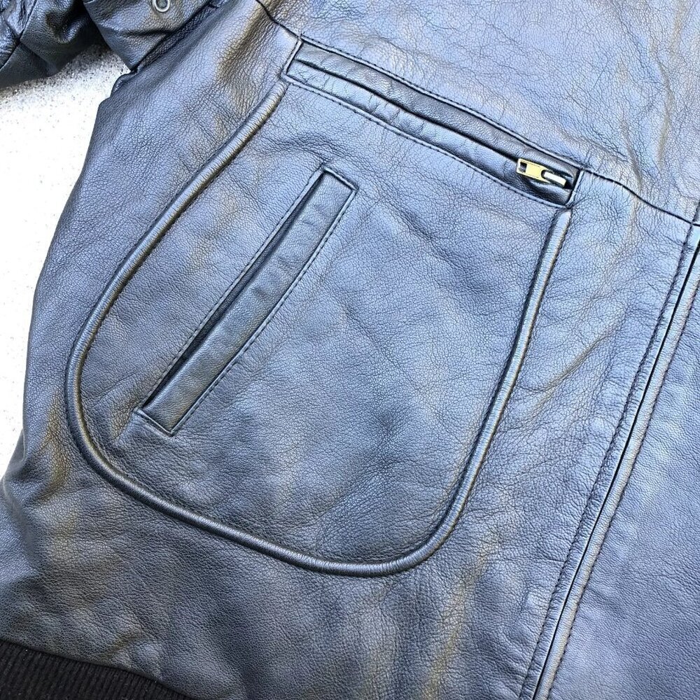 Vintage PHASE 2 Leather Bomber Jacket Men's XL Motorcycle Black Full Zip Coat - Picture 10 of 12
